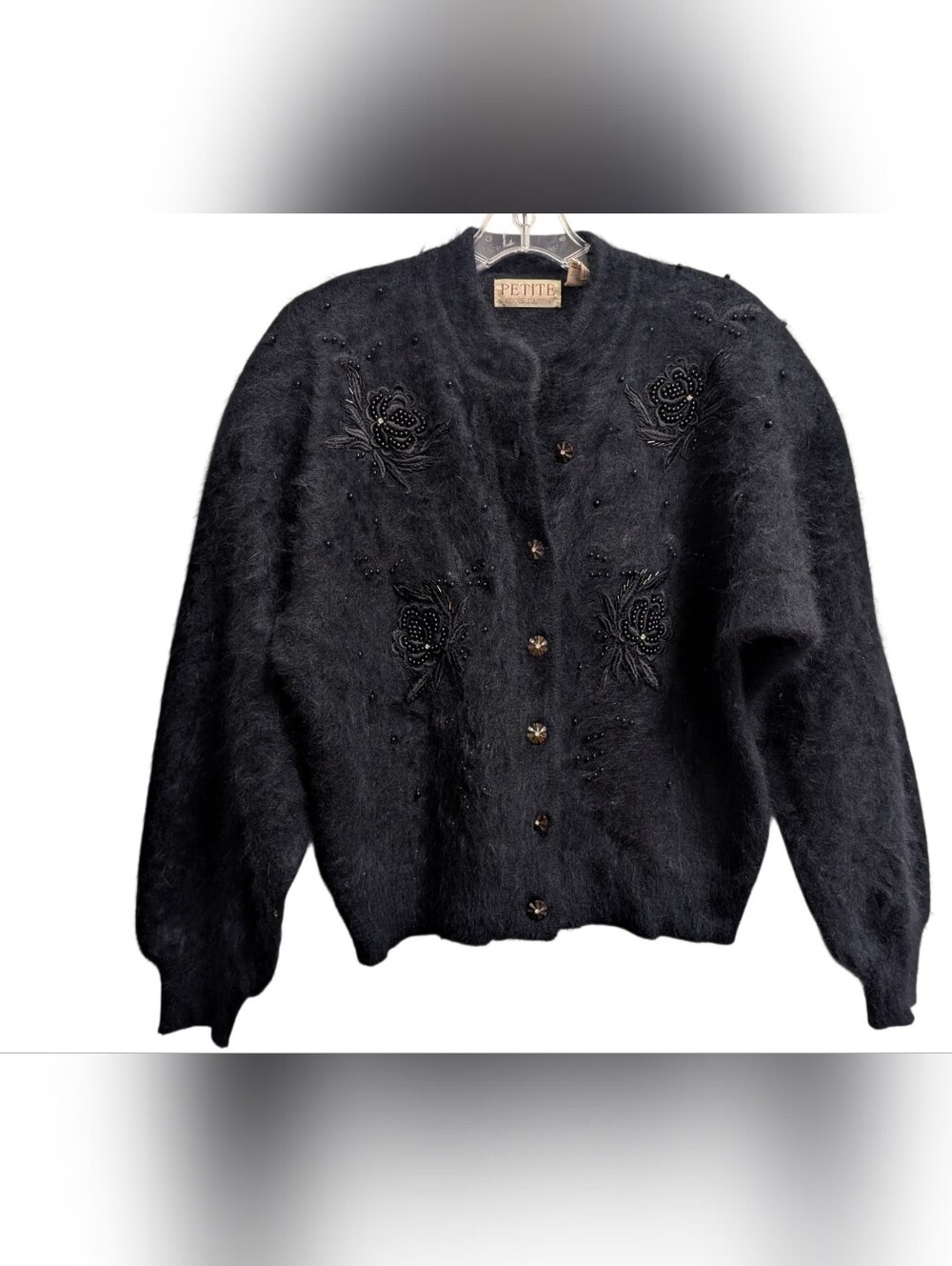 Vtg Eddie Dassin petite black Angora blend sweater embroidered beaded Cardigan